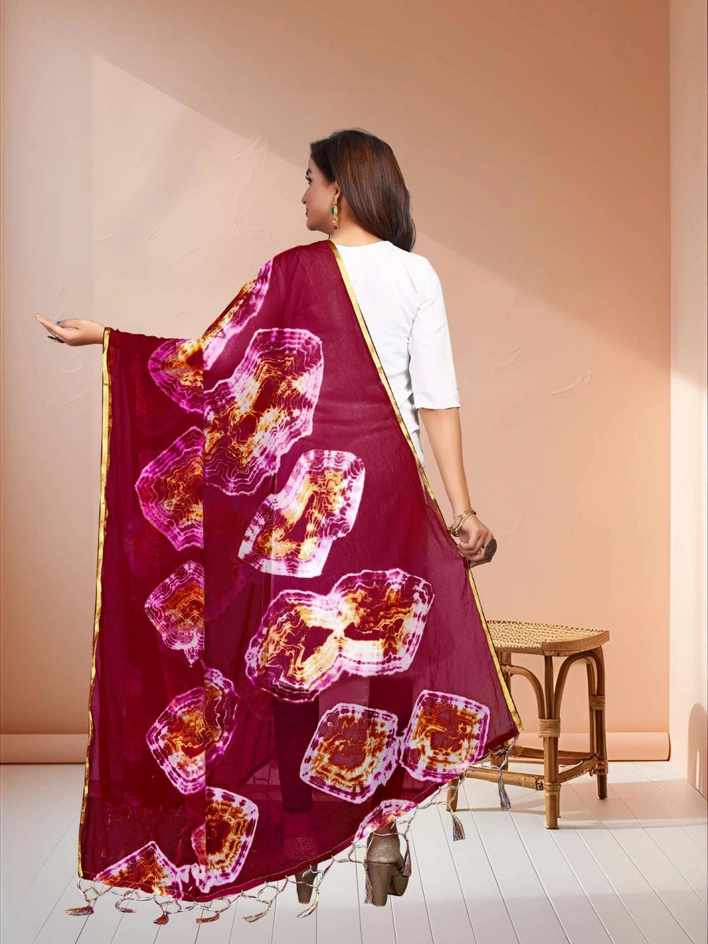 Bandhani Style Maroon Tie And Dye Printed Chiffon Dupatta
