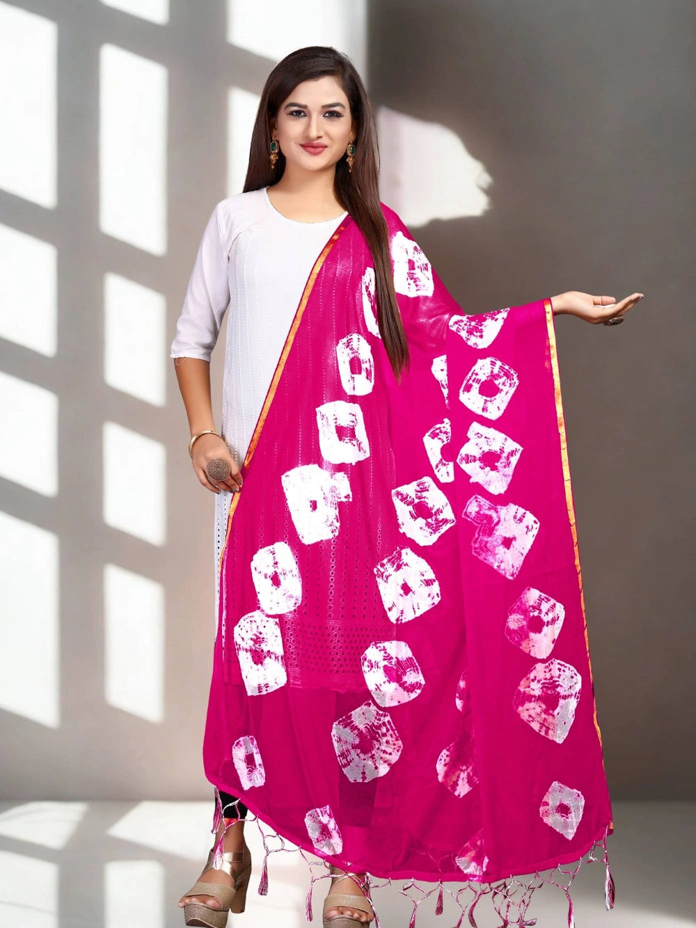 Pink Bandhani Style Tie And Dye Printed Chiffon Dupatta
