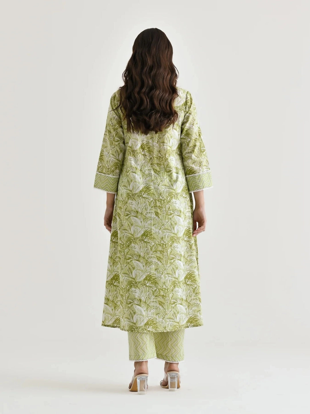 Green Printed V Neck Cotton Slub Kurta Pair - Rheycart
