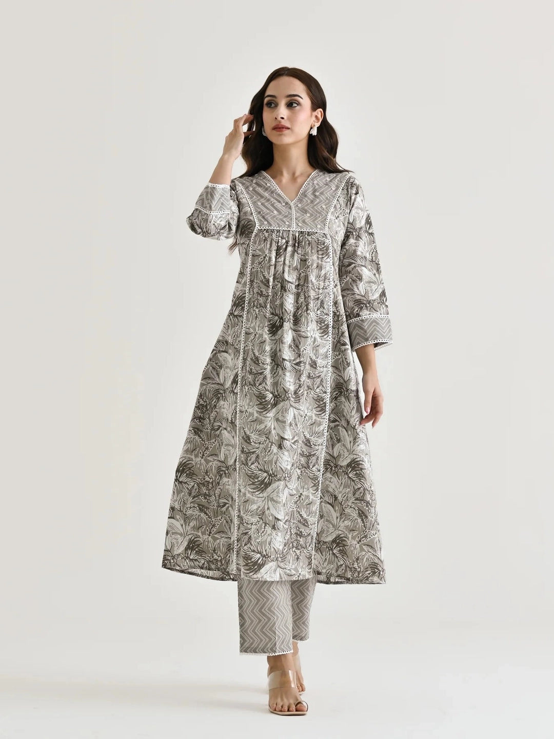 Elegant Grey Printed A-Line Cotton Kurta Set - Rheycart