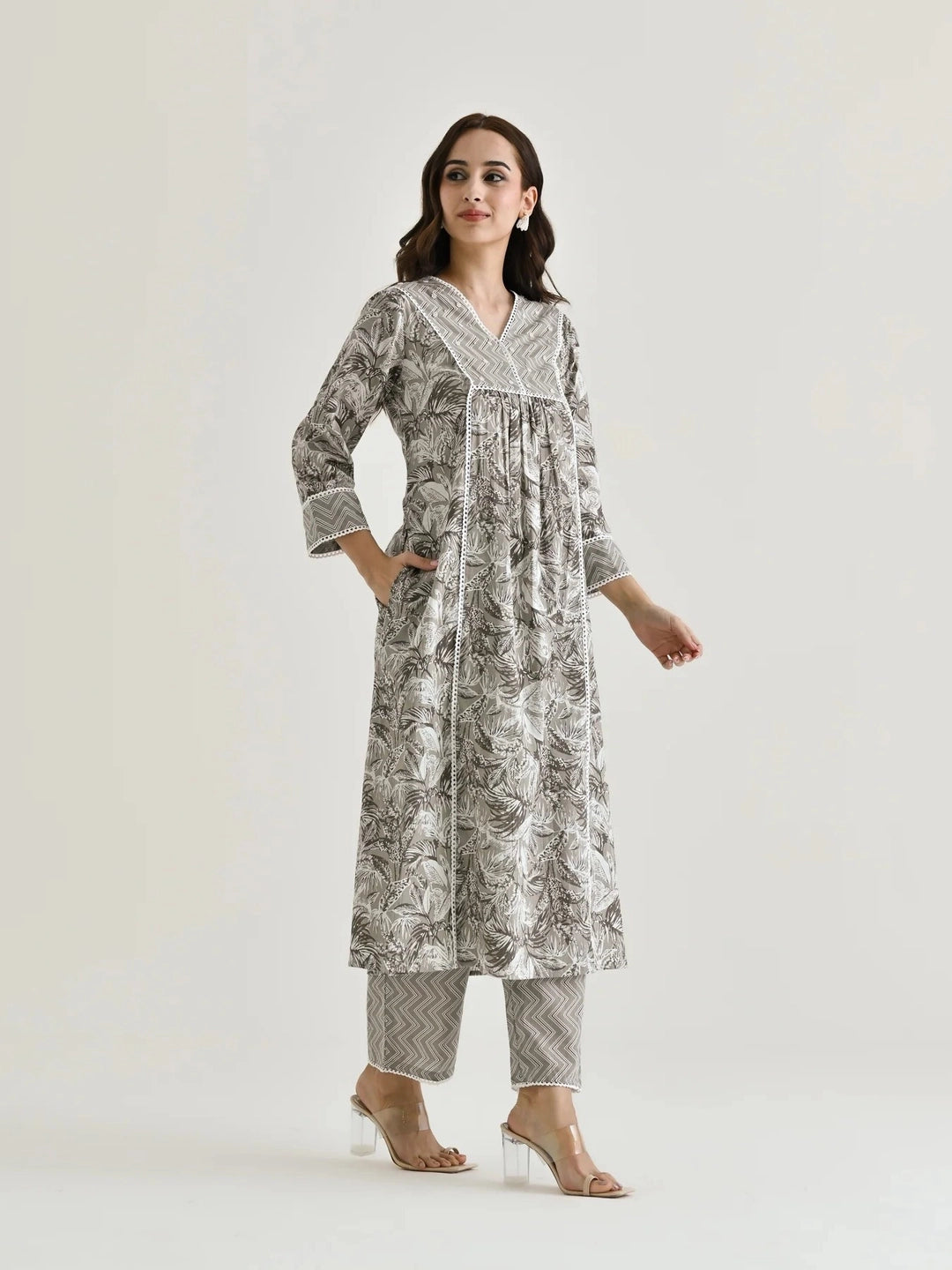 Elegant Grey Printed A-Line Cotton Kurta Set - Rheycart