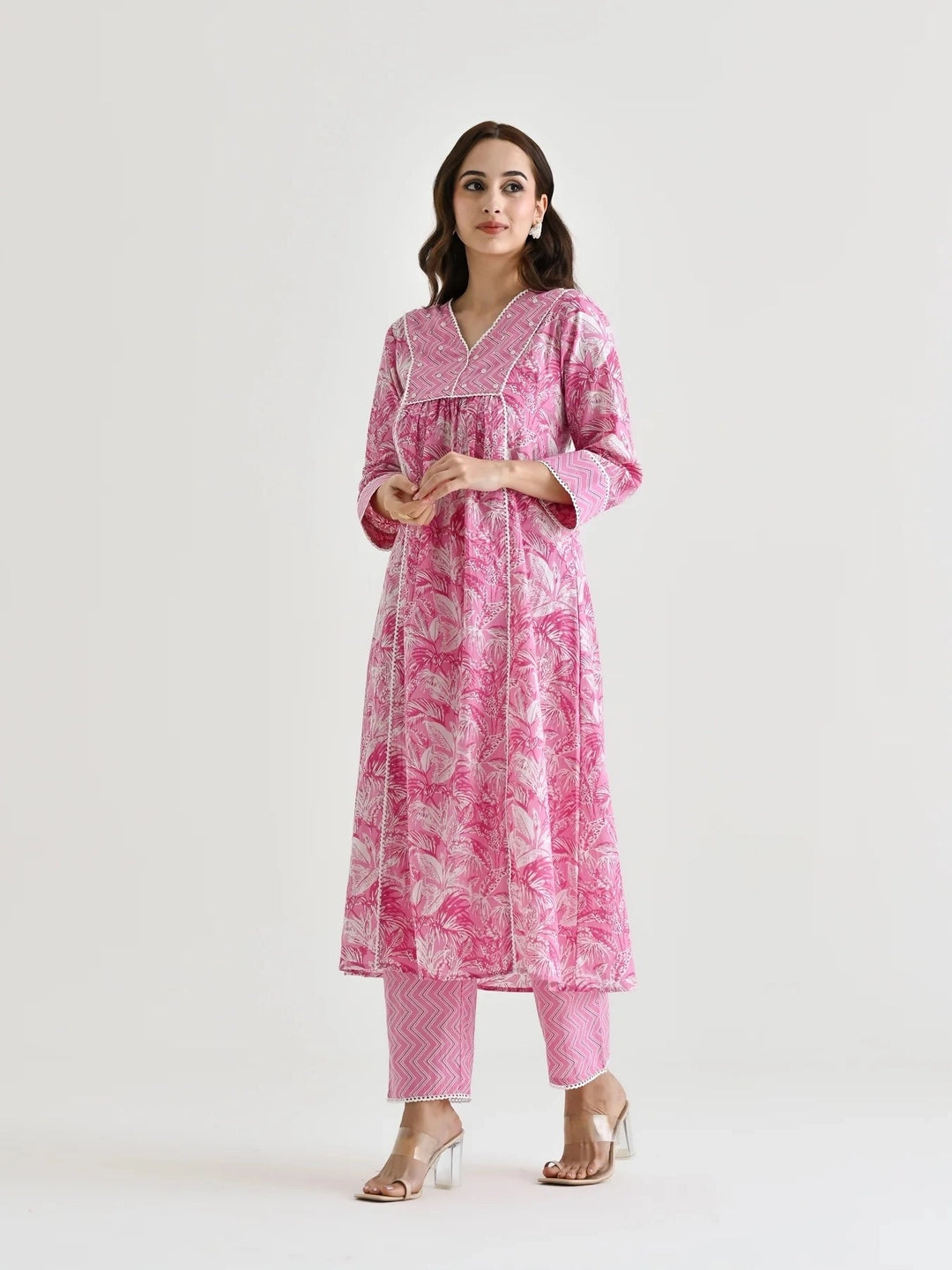Pink Printed A-Line Cotton Kurta Set For Women - Rheycart