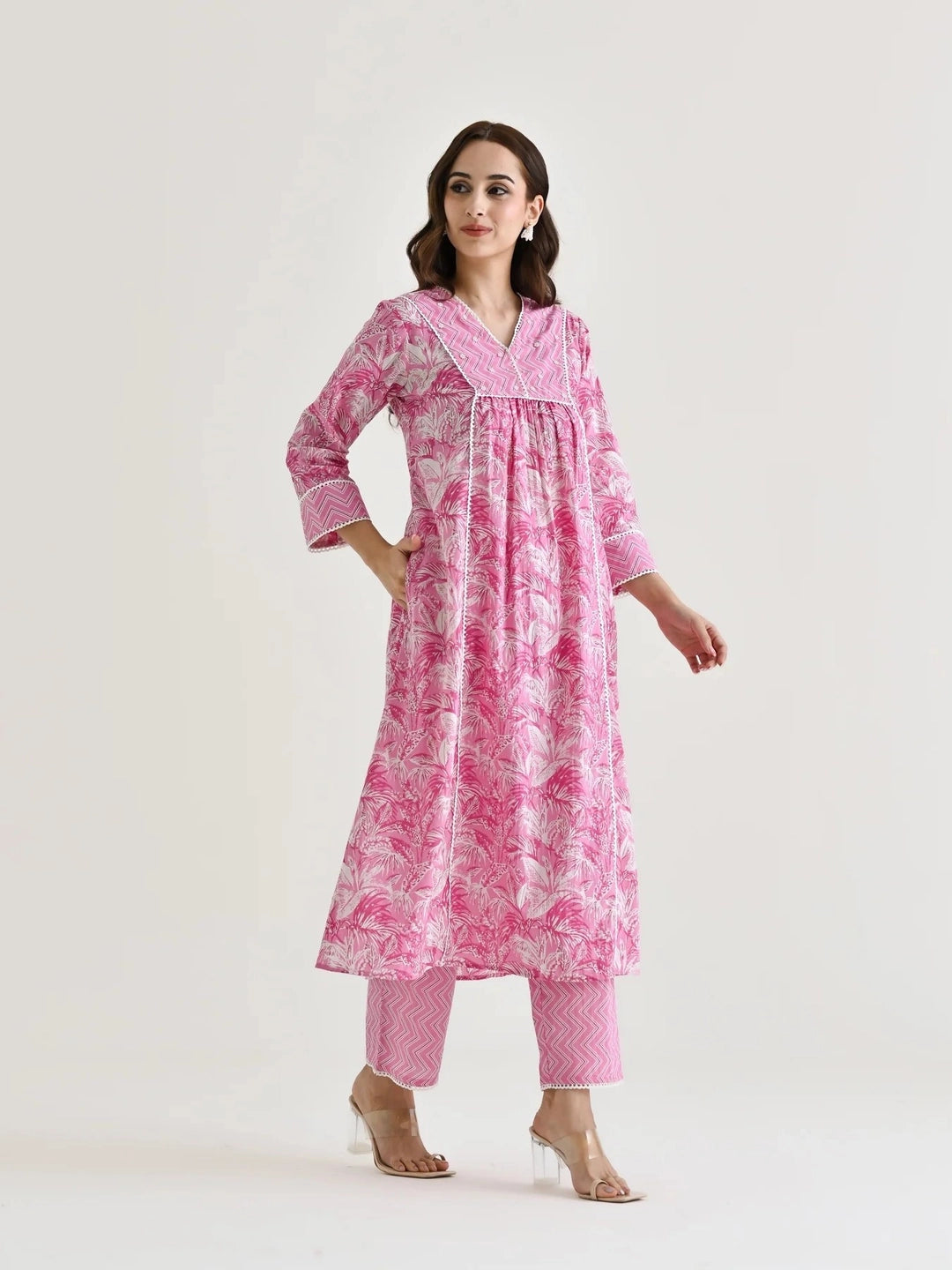 Pink Printed A-Line Cotton Kurta Set For Women - Rheycart