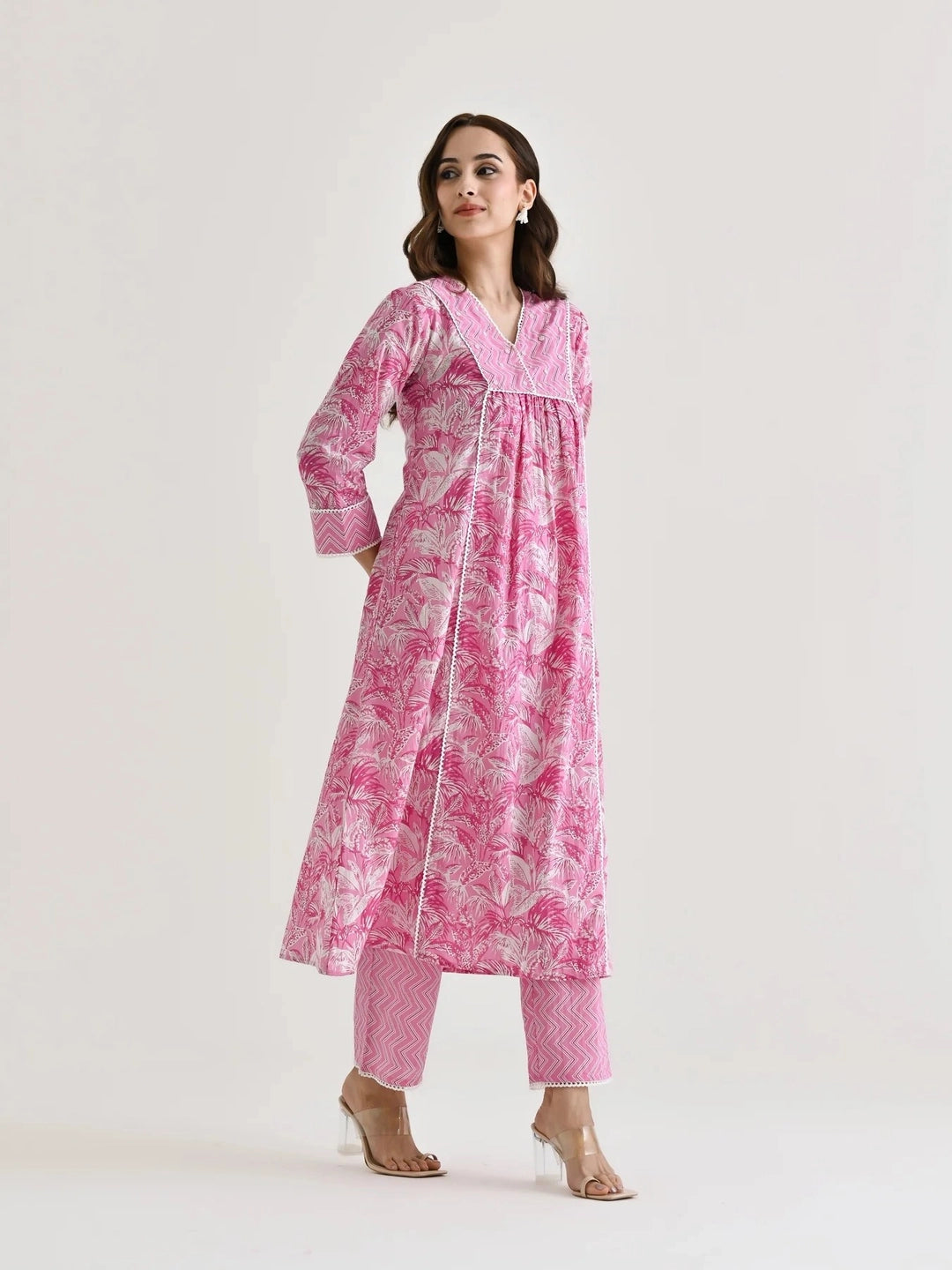 Pink Printed A-Line Cotton Kurta Set For Women - Rheycart