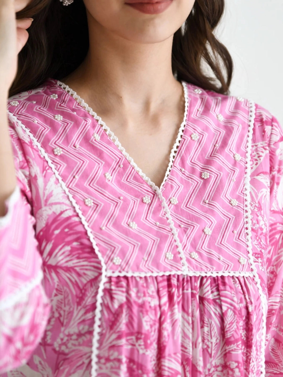Pink Printed A-Line Cotton Kurta Set For Women - Rheycart