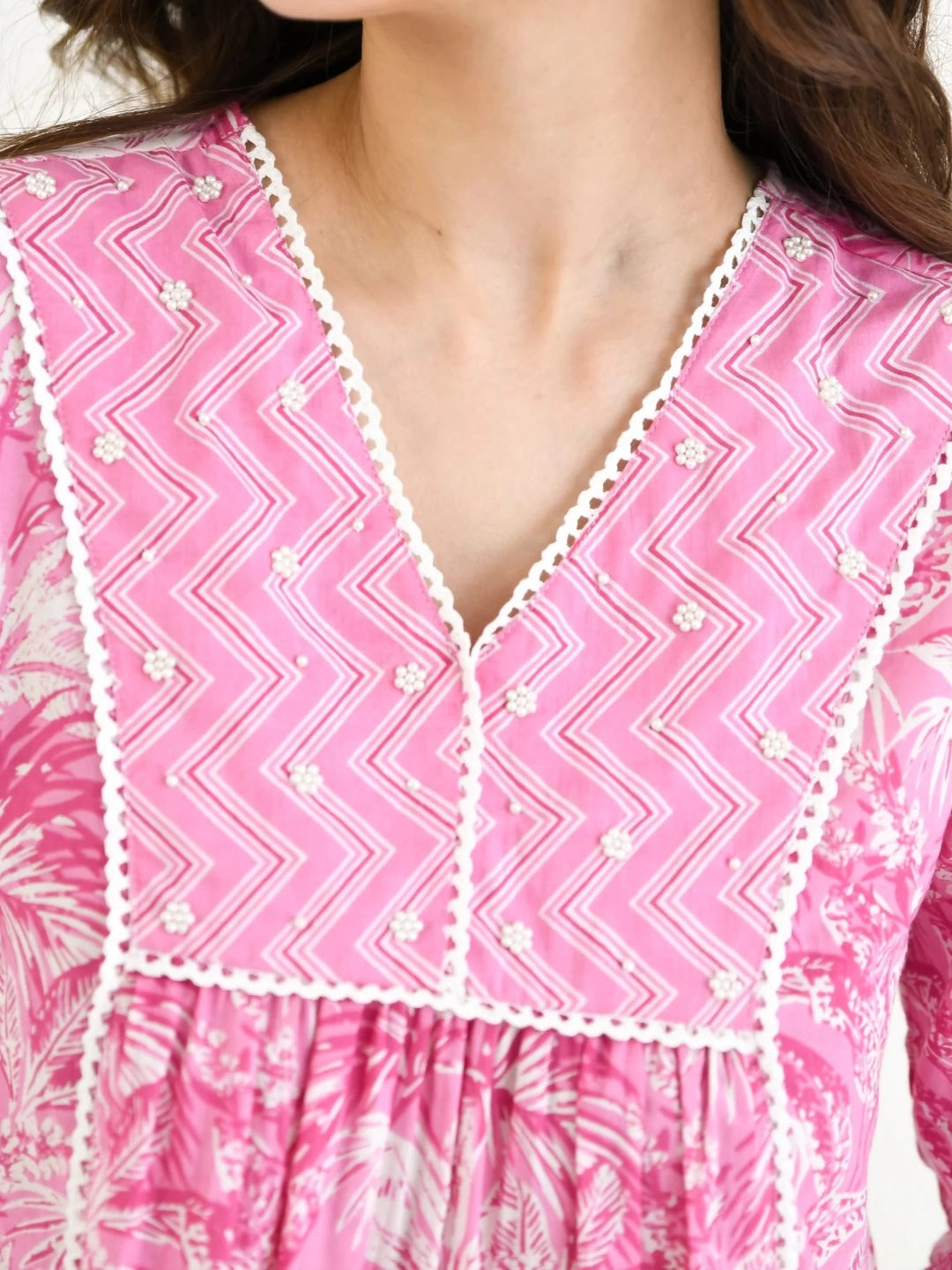 Pink Printed A-Line Cotton Kurta Set For Women - Rheycart