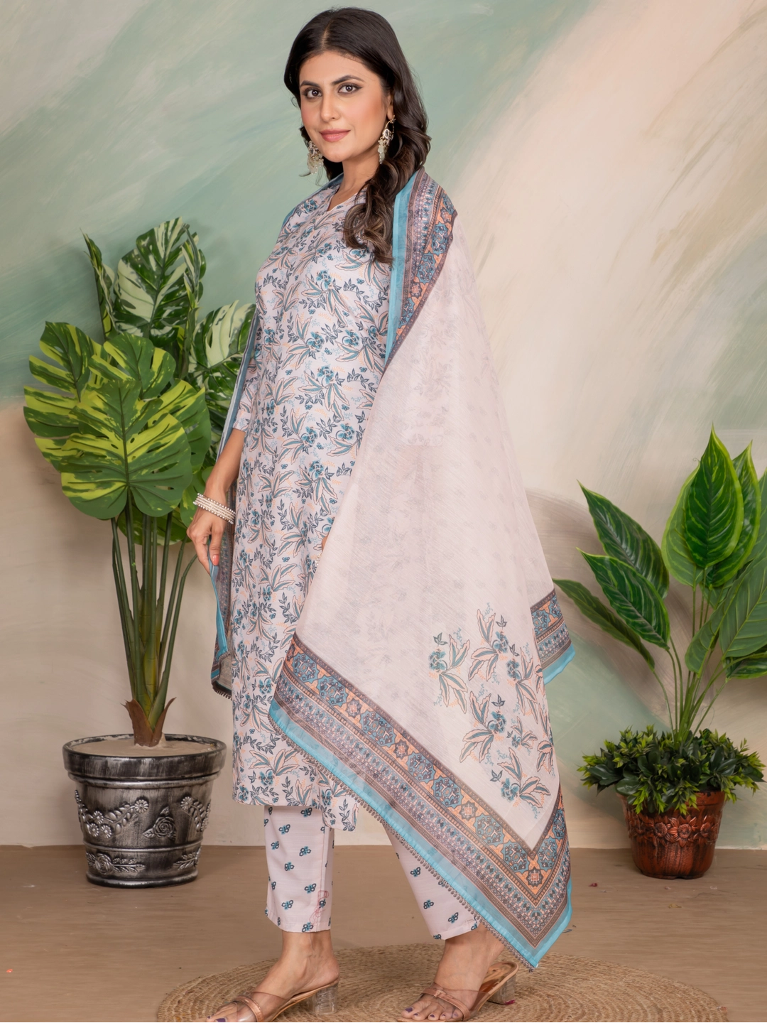 Blue Printed Straight Kurta Set With Dupatta - Rheycart