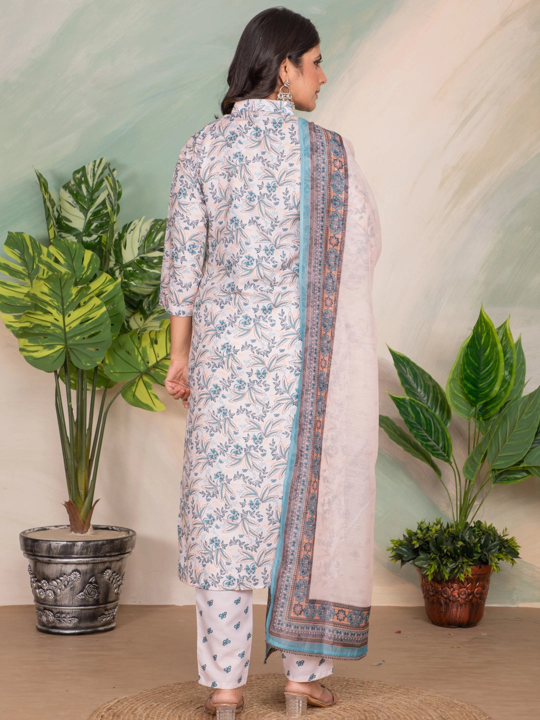 Blue Printed Straight Kurta Set With Dupatta - Rheycart