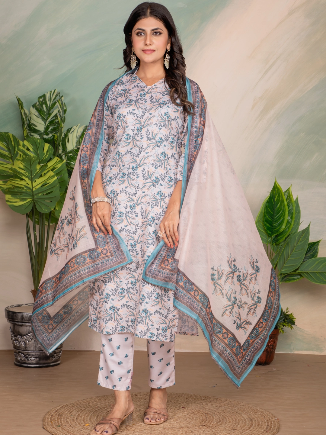Blue Printed Straight Kurta Set With Dupatta - Rheycart
