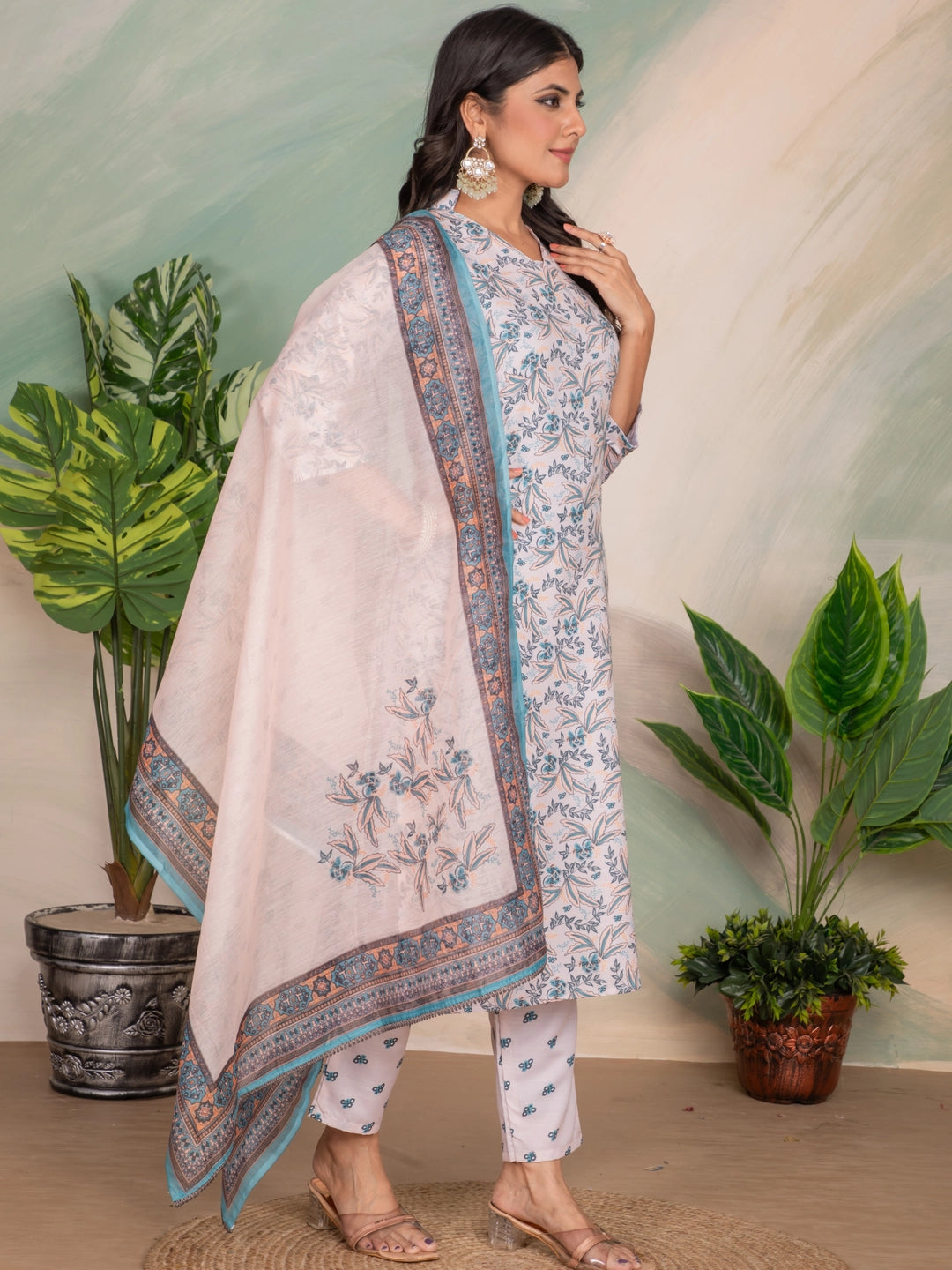Blue Printed Straight Kurta Set With Dupatta - Rheycart