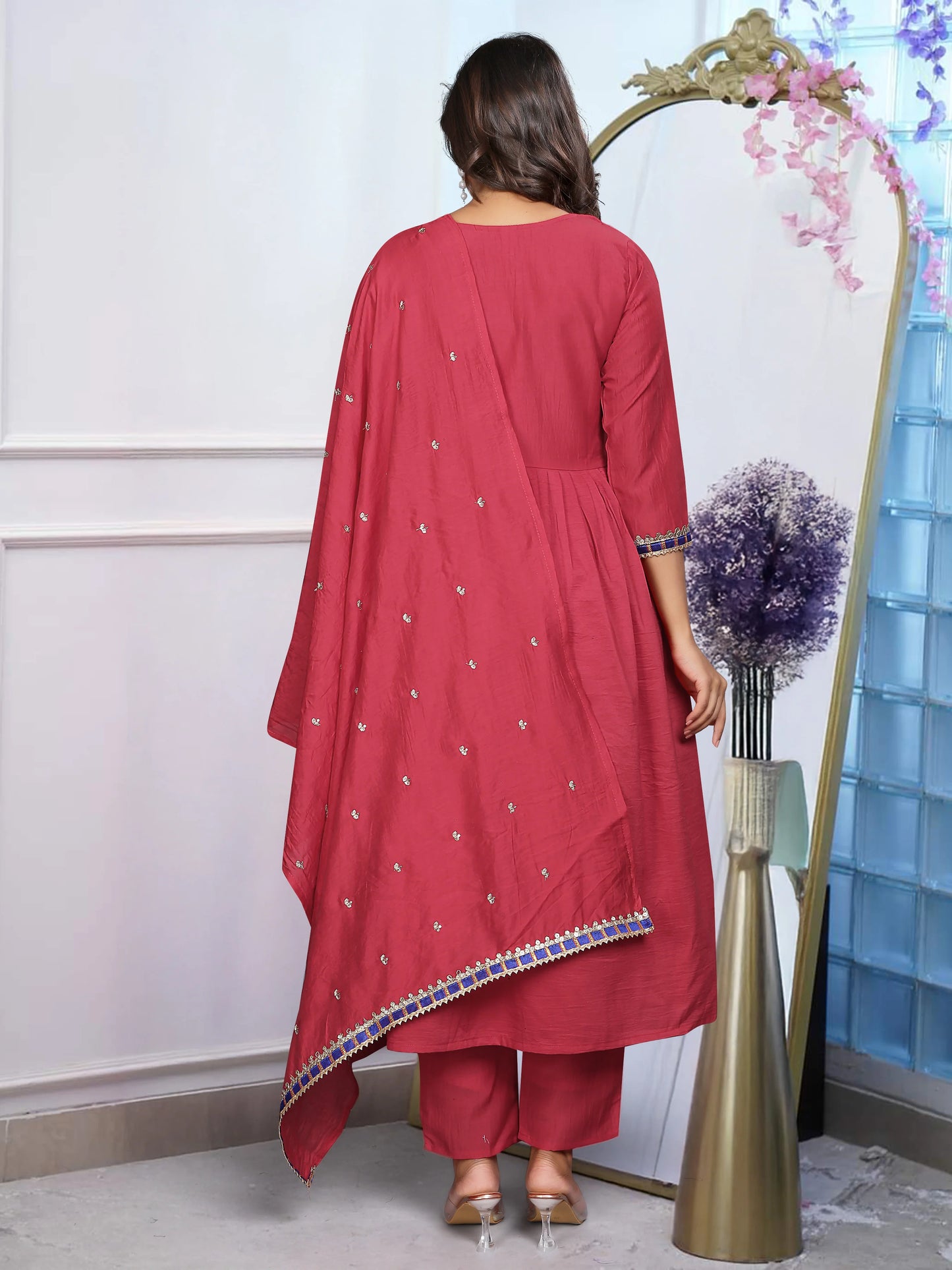 Red Embroidered Anarkali Kurta Set with Dupatta - Rheycart