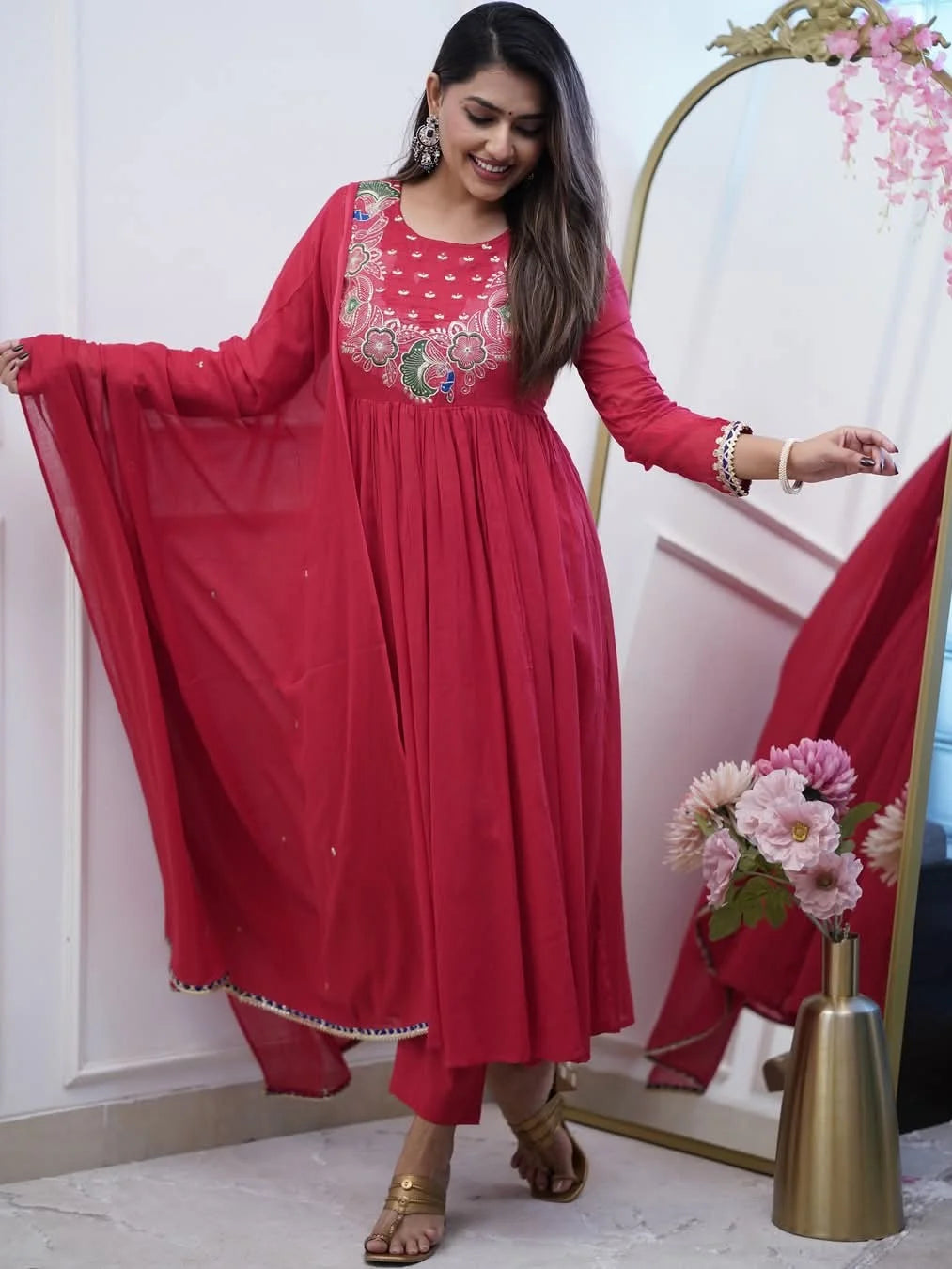 Red Embroidered Anarkali Kurta Set with Dupatta - Rheycart
