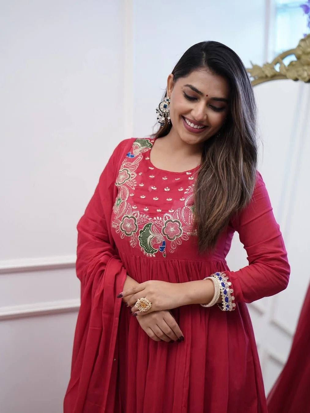 Red Embroidered Anarkali Kurta Set with Dupatta - Rheycart
