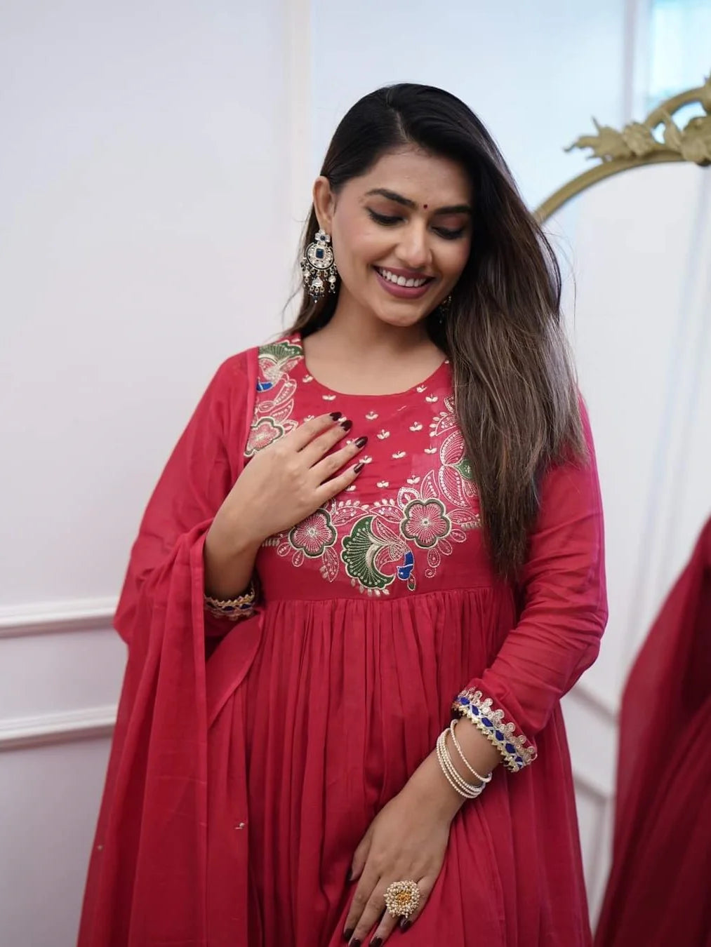 Red Embroidered Anarkali Kurta Set with Dupatta - Rheycart