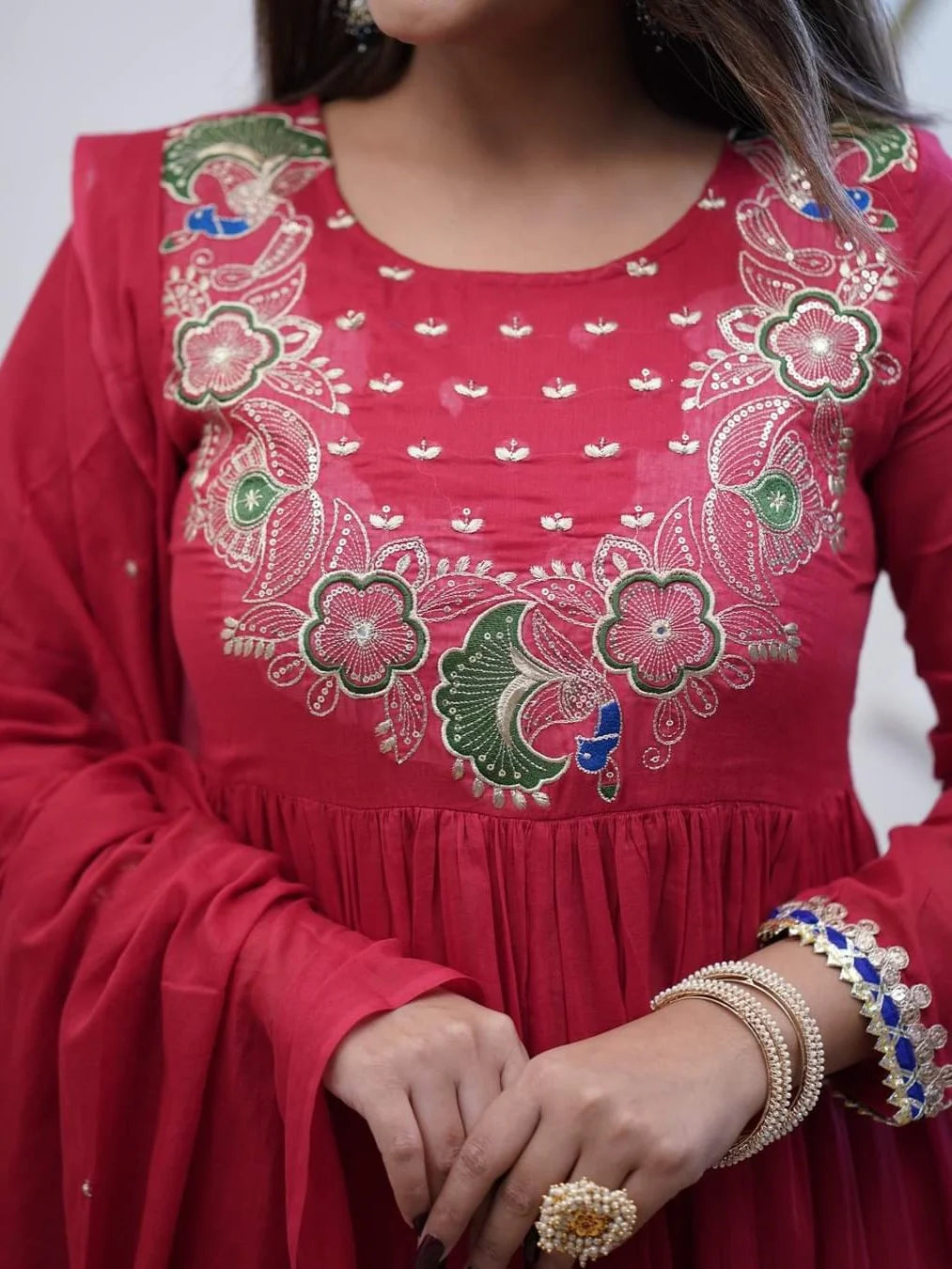 Red Embroidered Anarkali Kurta Set with Dupatta - Rheycart