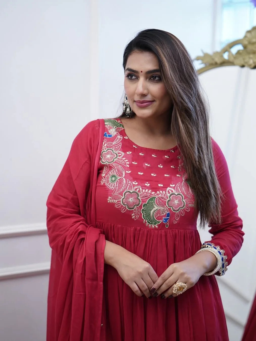 Red Embroidered Anarkali Kurta Set with Dupatta - Rheycart