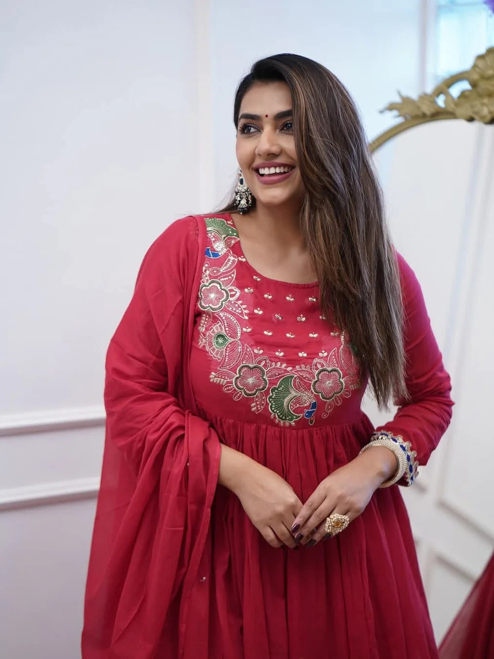 Red Embroidered Anarkali Kurta Set with Dupatta - Rheycart