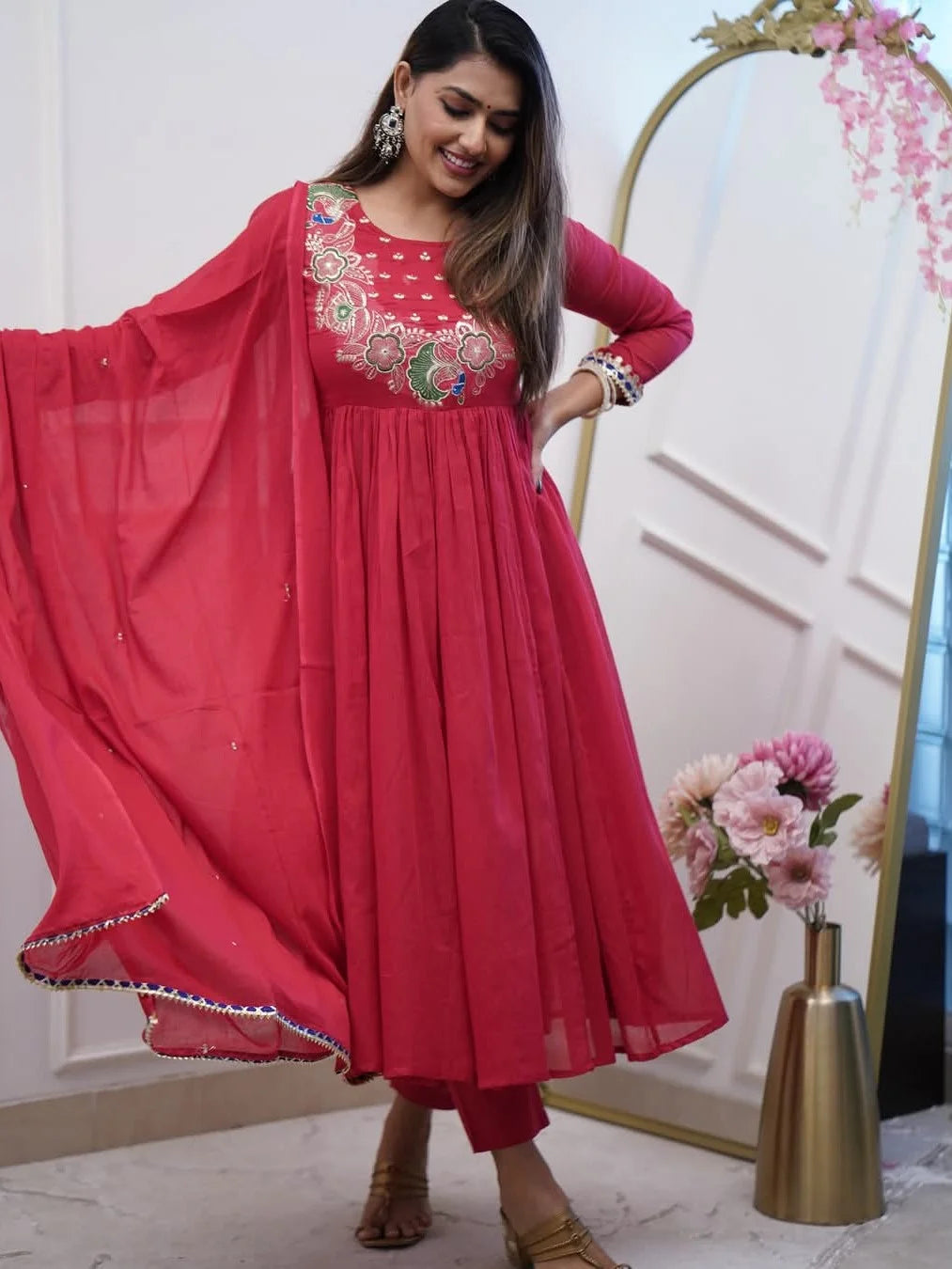 Red Embroidered Anarkali Kurta Set with Dupatta - Rheycart