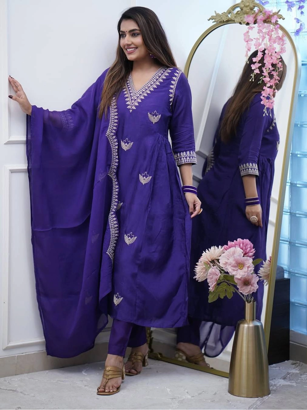 Violet Polyviscose chanderi silk Suit For Women - Rheycart