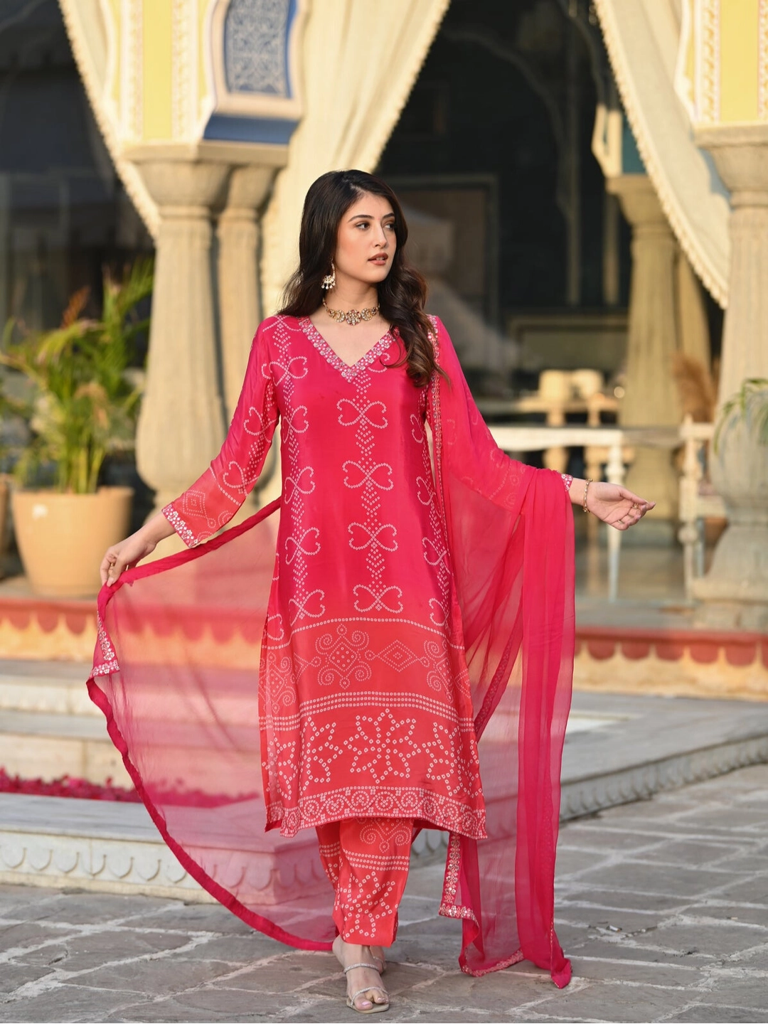 Red Soft Chinon Silk with Position Print Embroidered Kurta Set - Rheycart