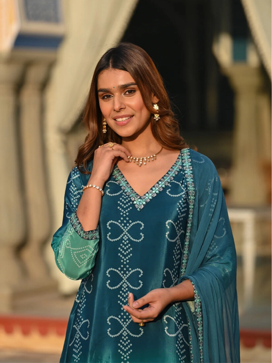Position Printed Teal Color Soft Chinon Silk Kurta Set - Rheycart