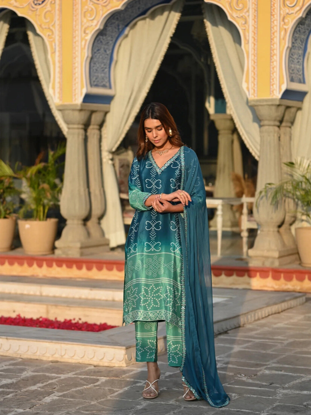 Position Printed Teal Color Soft Chinon Silk Kurta Set - Rheycart