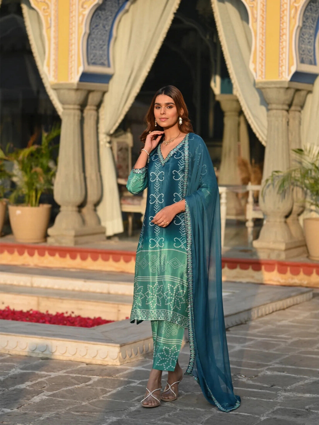 Position Printed Teal Color Soft Chinon Silk Kurta Set - Rheycart