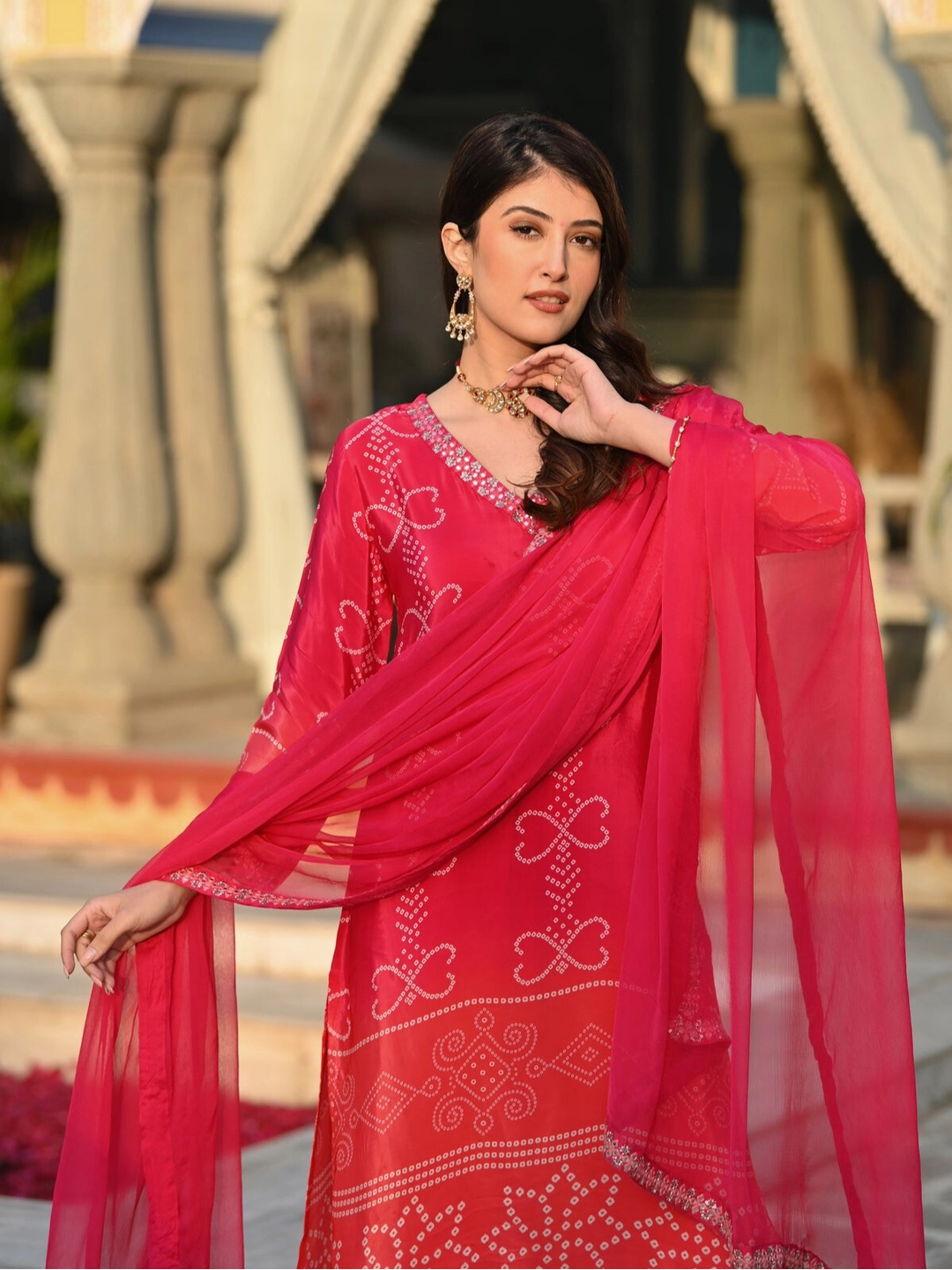 Red Soft Chinon Silk with Position Print Embroidered Kurta Set - Rheycart
