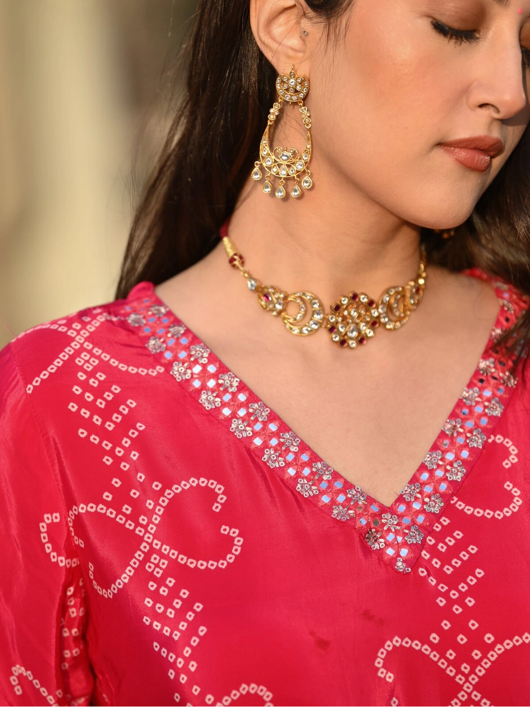 Red Soft Chinon Silk with Position Print Embroidered Kurta Set - Rheycart