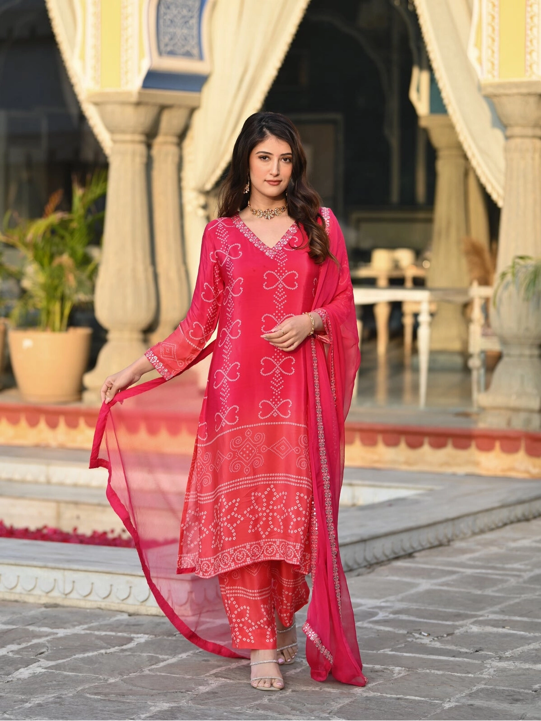Red Soft Chinon Silk with Position Print Embroidered Kurta Set - Rheycart