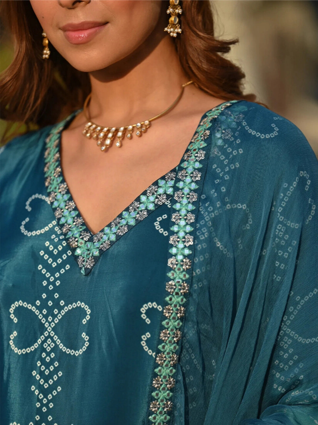 Position Printed Teal Color Soft Chinon Silk Kurta Set - Rheycart