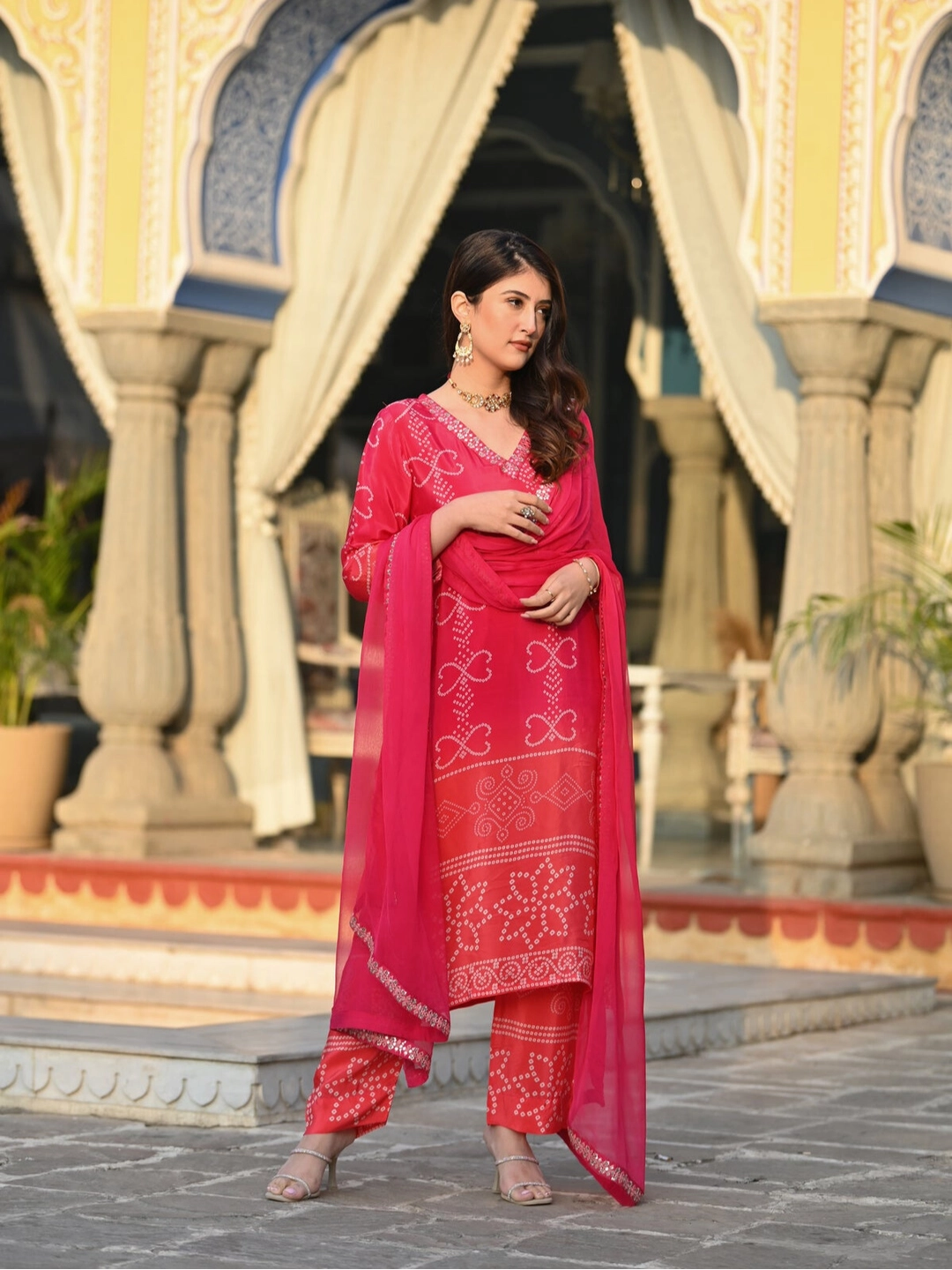 Red Soft Chinon Silk with Position Print Embroidered Kurta Set - Rheycart