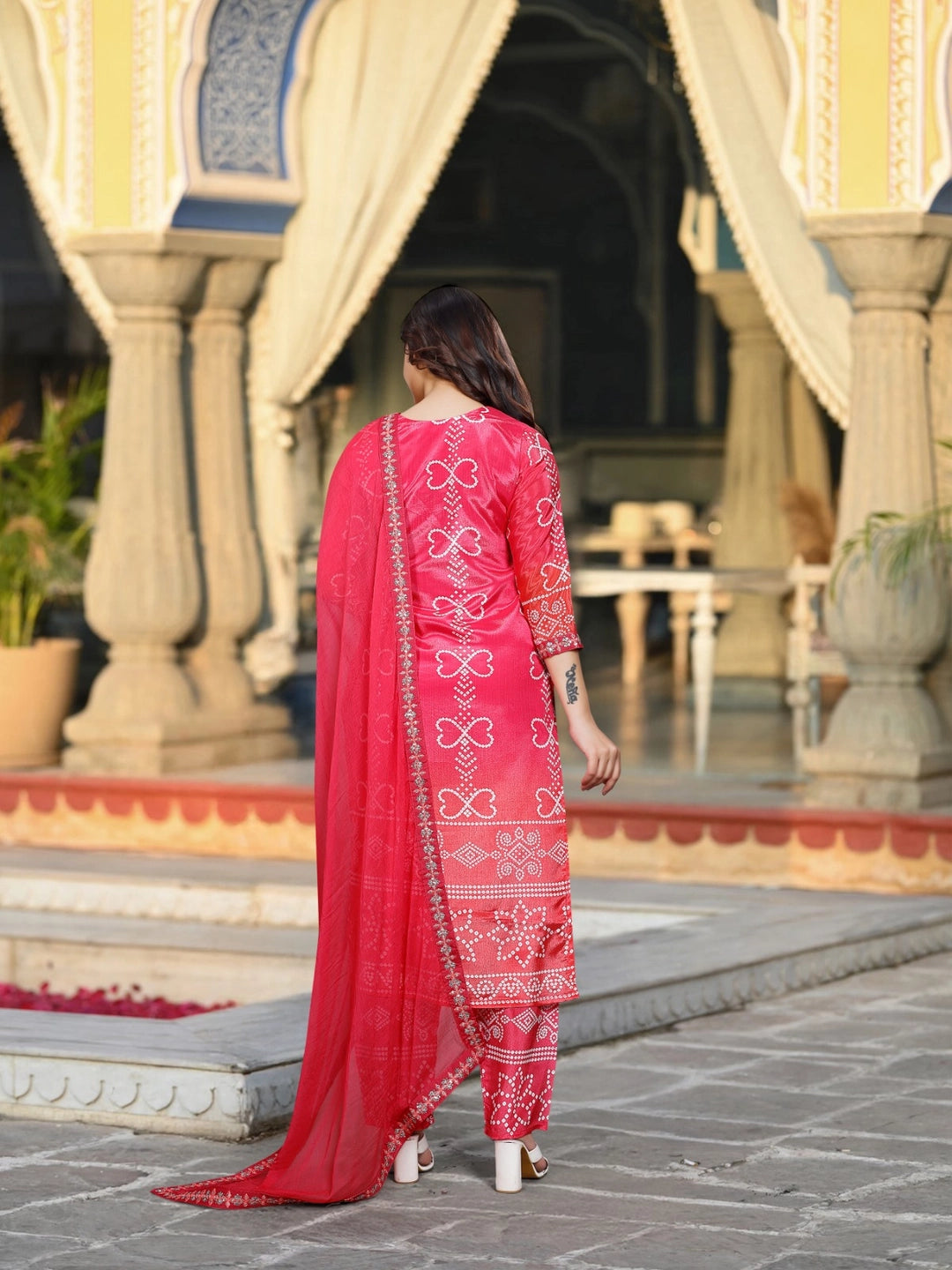 Red Soft Chinon Silk with Position Print Embroidered Kurta Set - Rheycart