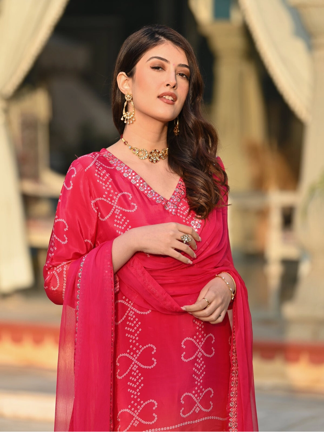 Red Soft Chinon Silk with Position Print Embroidered Kurta Set - Rheycart