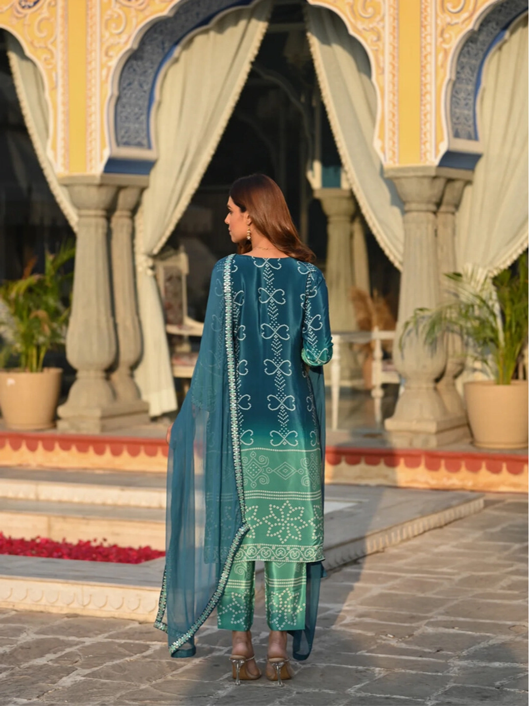 Position Printed Teal Color Soft Chinon Silk Kurta Set - Rheycart