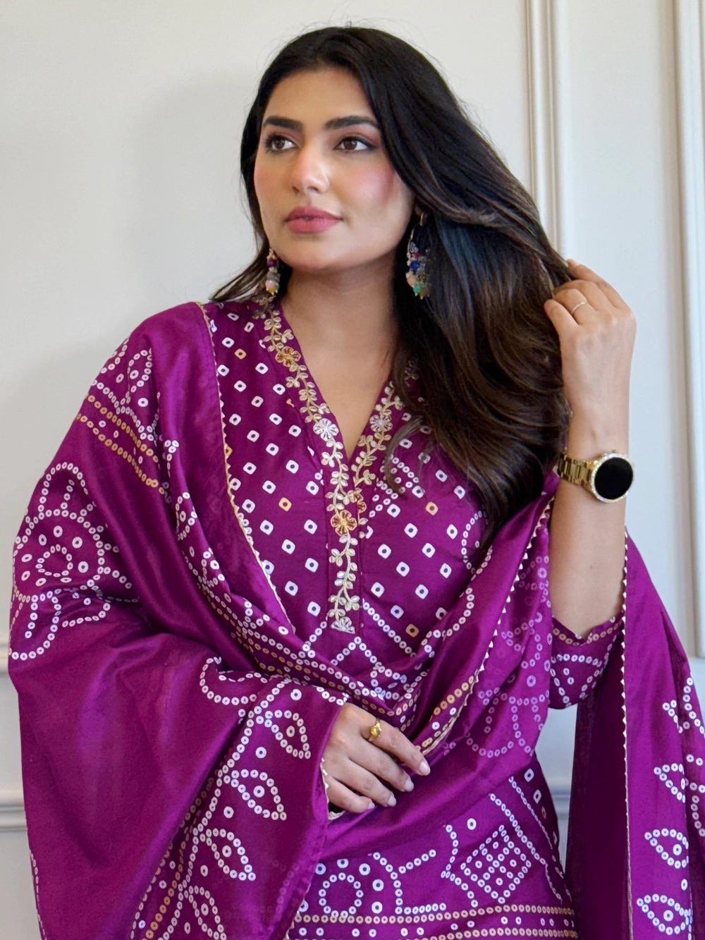 Purple Viscose Bandhani Print Kurti Set