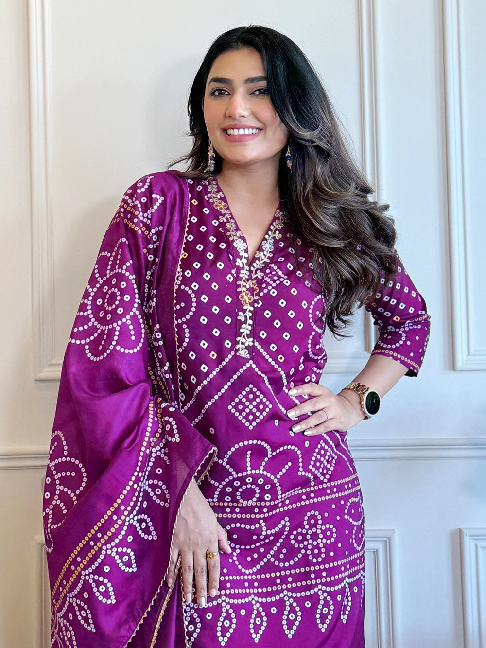 Purple Viscose Bandhani Print Kurti Set