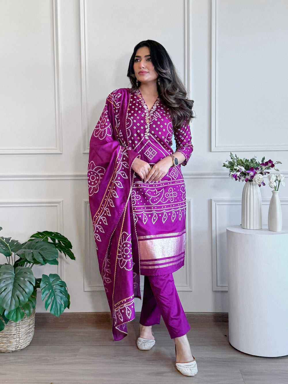 Purple Viscose Bandhani Print Kurti Set
