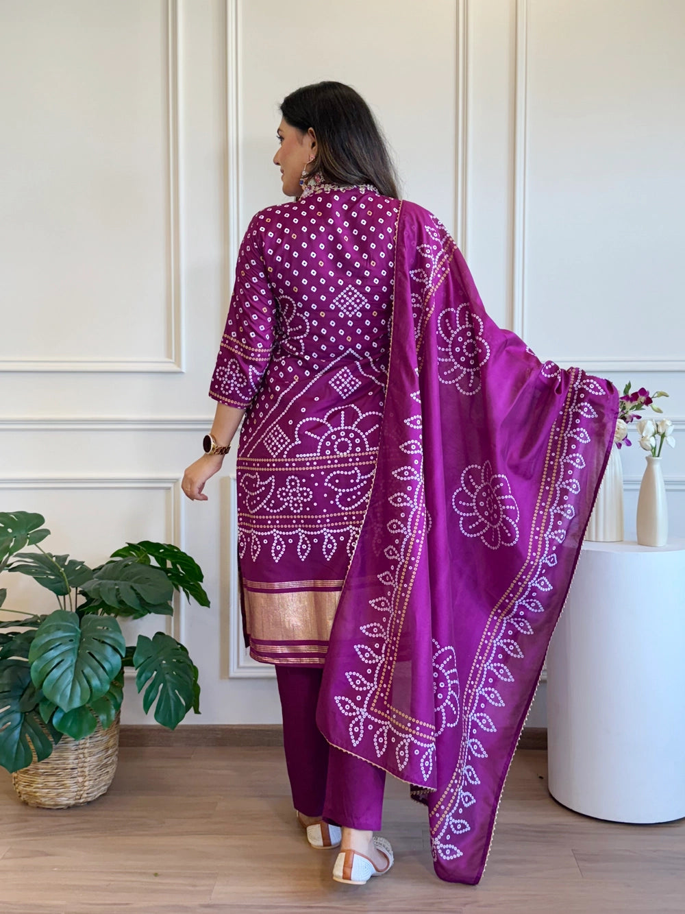 Purple Viscose Bandhani Print Kurti Set