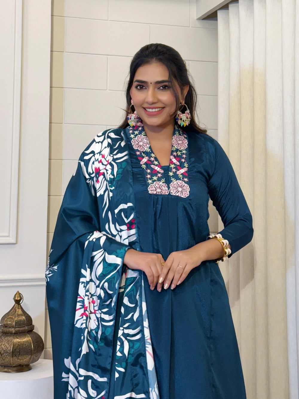 Blue Color Chinon Fabric V neck Kurti Set