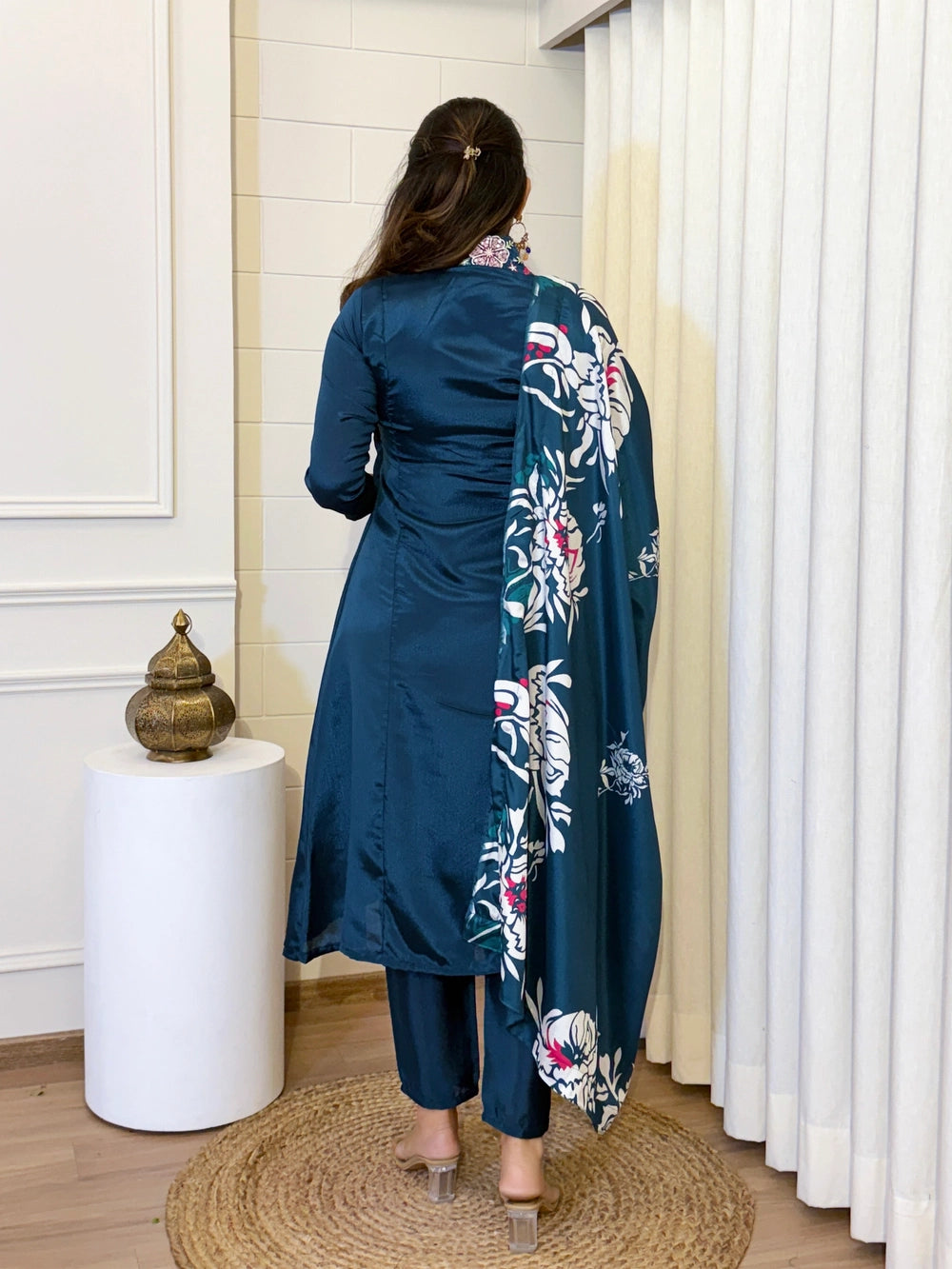 Blue Color Chinon Fabric V neck Kurti Set