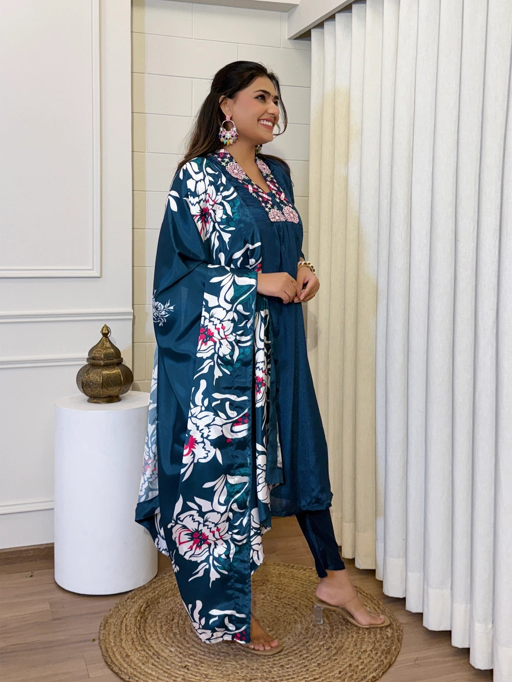 Blue Color Chinon Fabric V neck Kurti Set