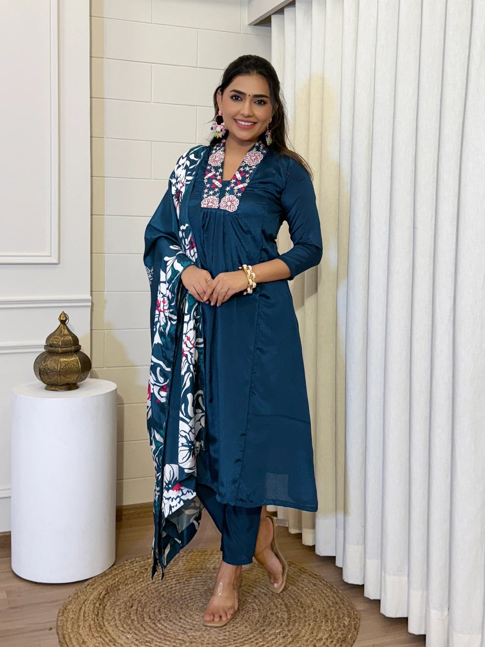 Blue Color Chinon Fabric V neck Kurti Set