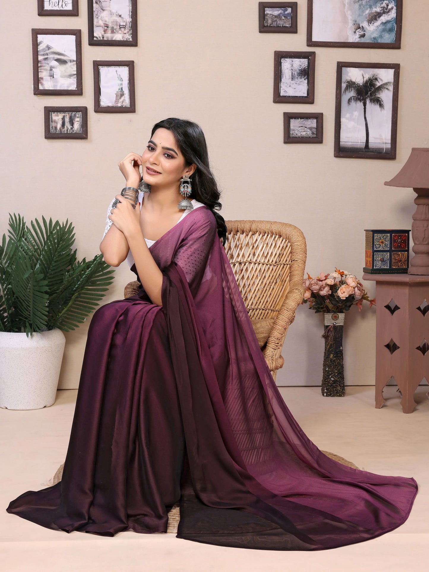 Ombre ready saree in deep maroon