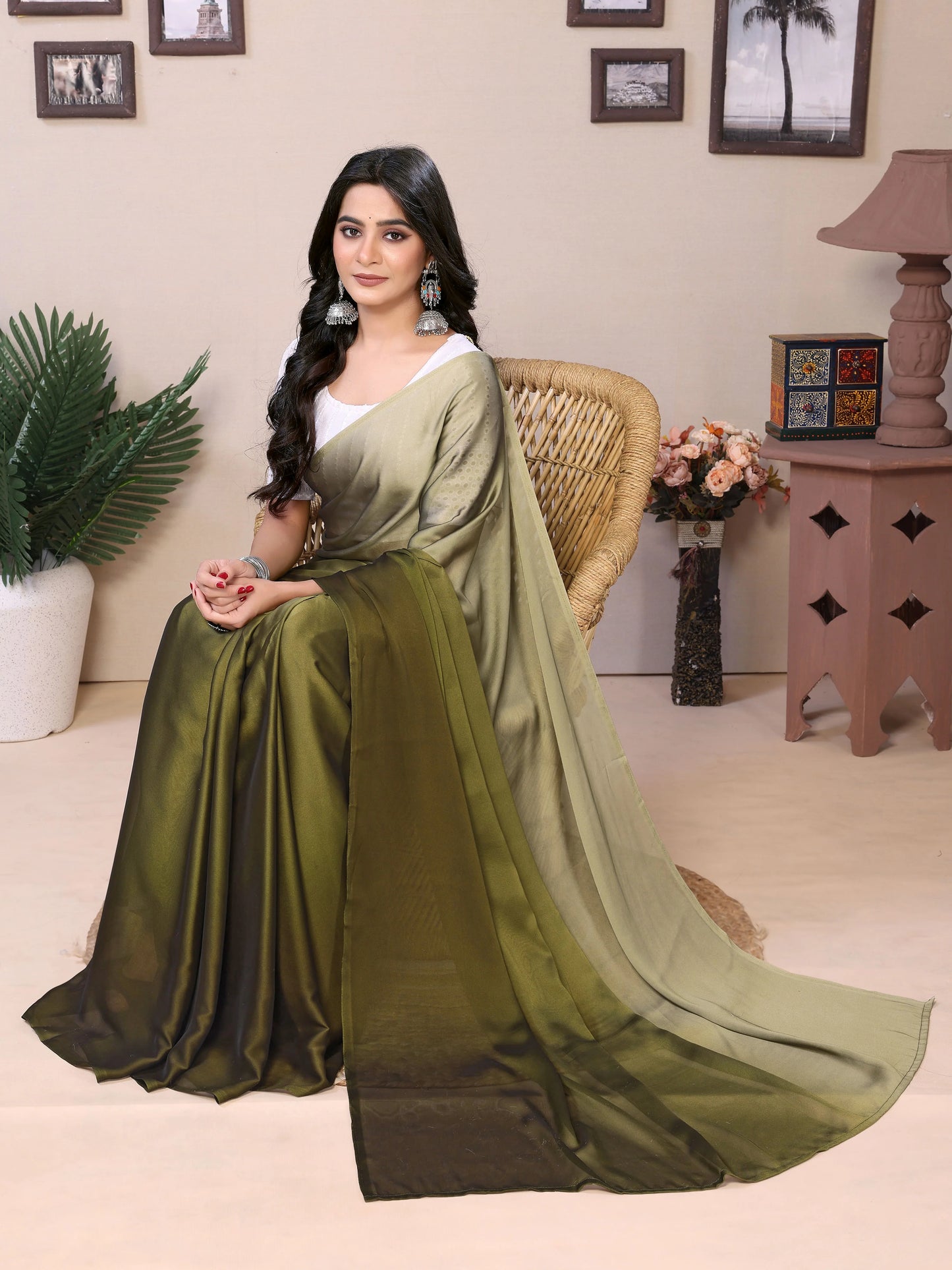 Instant drape mehendi green satin saree