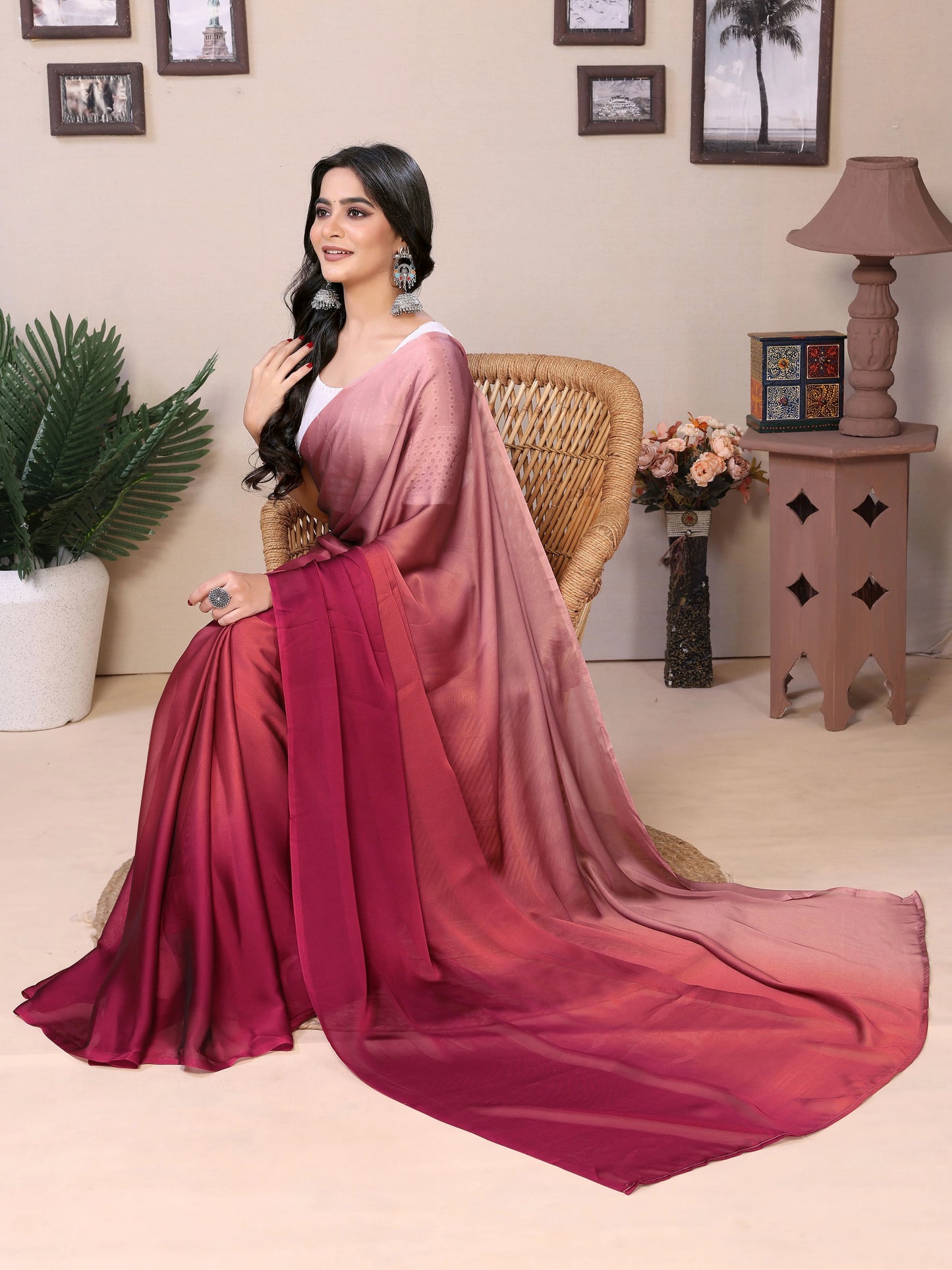 1-minute Wear ombre satin saree red pink