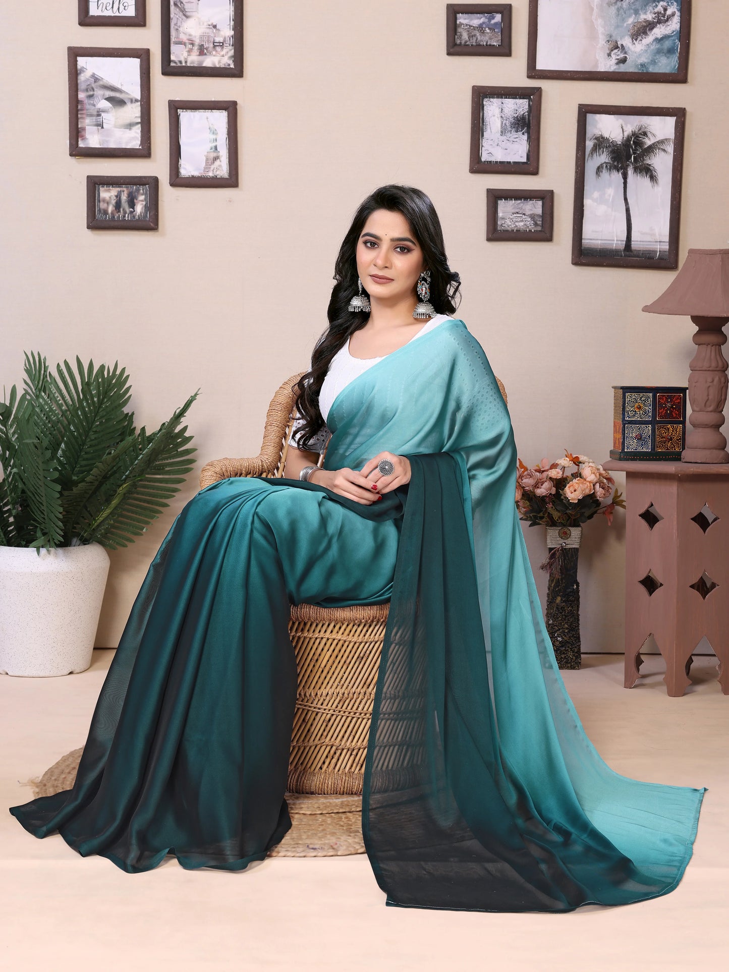 Teal satin saree ready to wear