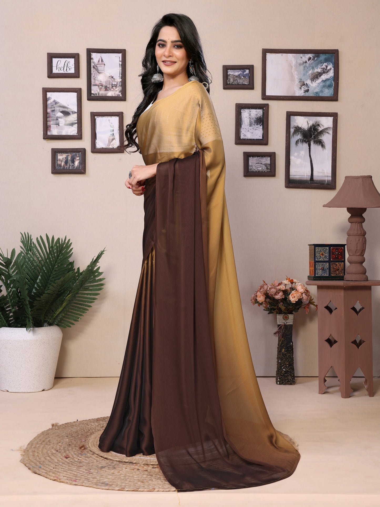 Blooming satin saree with embellishments
