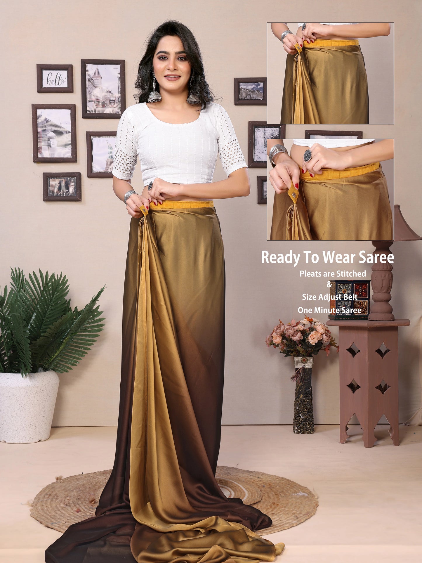 Quick drape satin saree in gold brown