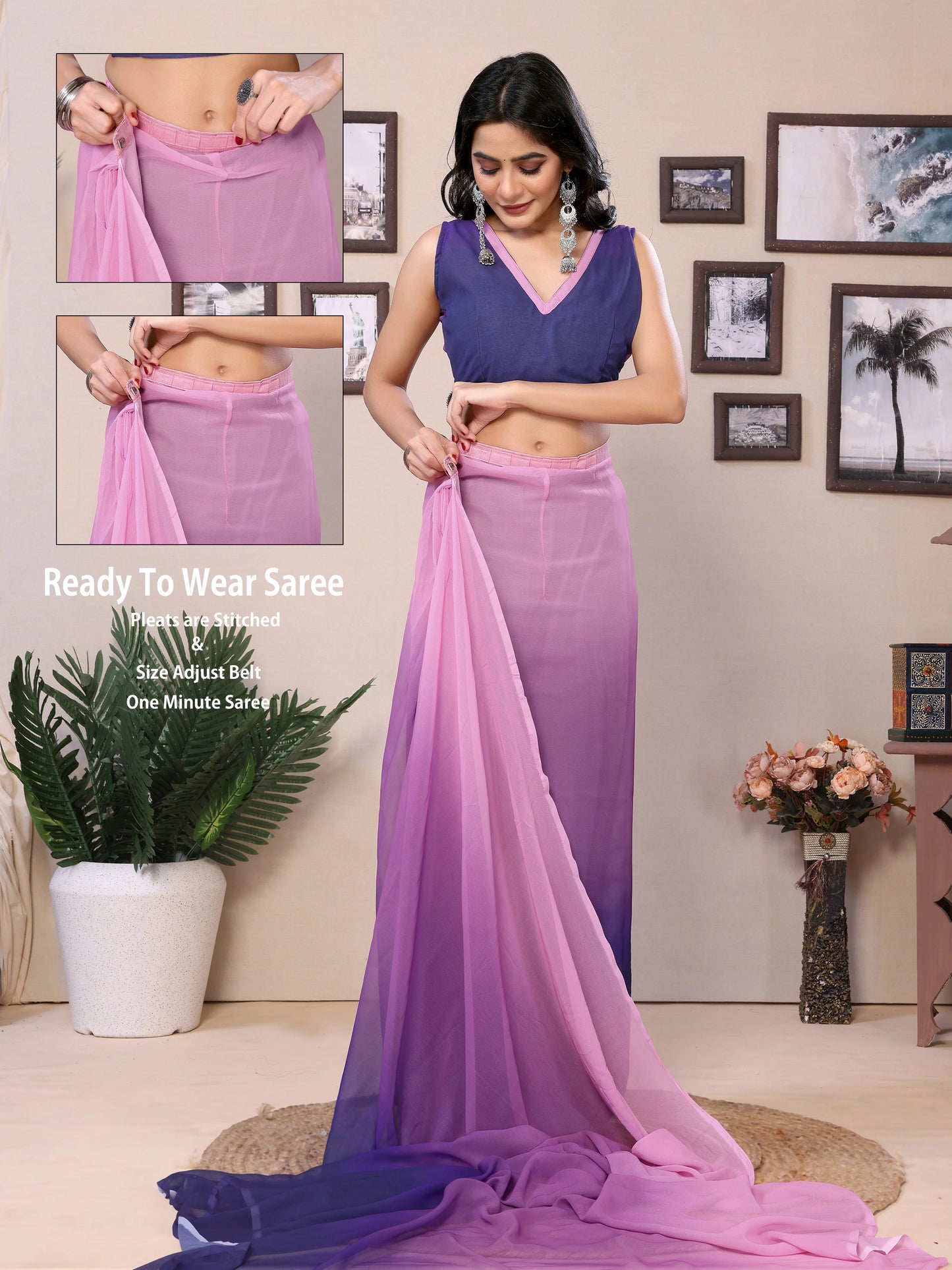 Lightweight multicolor printed saree with pre-stitched pleats